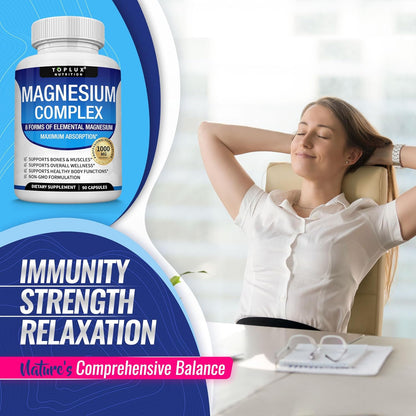 Magnesium Complex Supplement 8 Elemental 1000Mg - Magnesium Glycinate, Citrate, Malate, Taurate, Chelated for Easy Absorption for Bones, Muscle, Recovery, Energy, Vegan Non-Gmo 90 Capsules